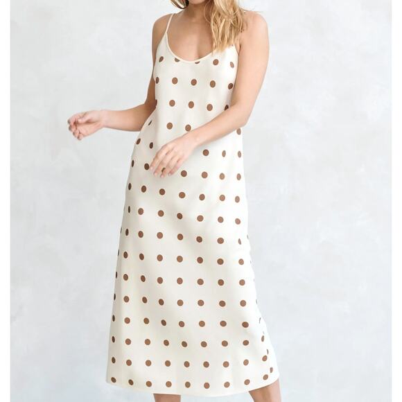 Jenni Kayne Slip Dress Caramel Dot Midi Sz 10 Cream Classic Timeless Feminine - Picture 1 of 15